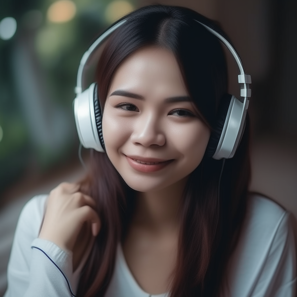 Beautiful Thai woman listening to music through headphones, she is smiling