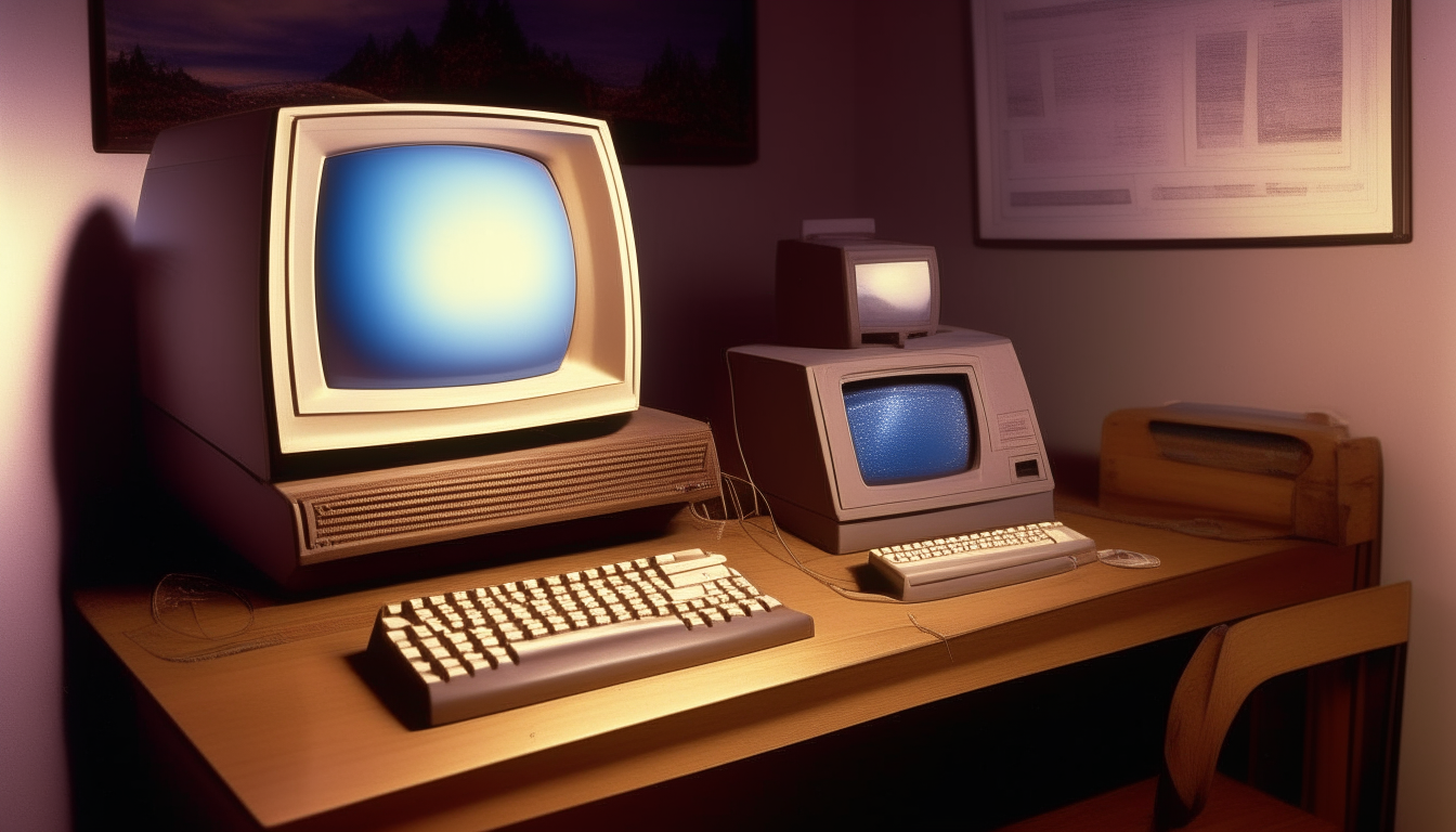 A Macintosh 128k computer from 1984 sitting on a wooden desk against a wallpapered wall in a large office room from the early 1980s. The computer screen displays the classic Macintosh interface. A lamp with a neon light tube sits on the desk. The room has wooden panel walls and is lit with neon lights. The image is realistic and detailed.