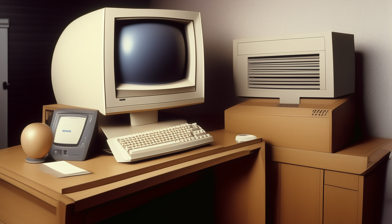 Another view of a Macintosh 128k computer from 1984 sitting on a wooden desk against a wallpapered wall in a large office room from the early 1980s. Office supplies like notebooks and a pencil holder are also on the desk. The computer screen displays the classic Macintosh interface. The room has wooden panel walls and is lit with neon lights. The image is realistic and detailed.