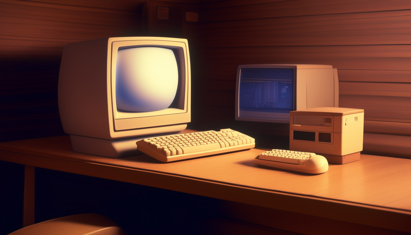 A Macintosh computer sitting on a wooden desk against a wallpapered wall in a large office room from the 1980s. The computer screen displays a different application than in the original image.