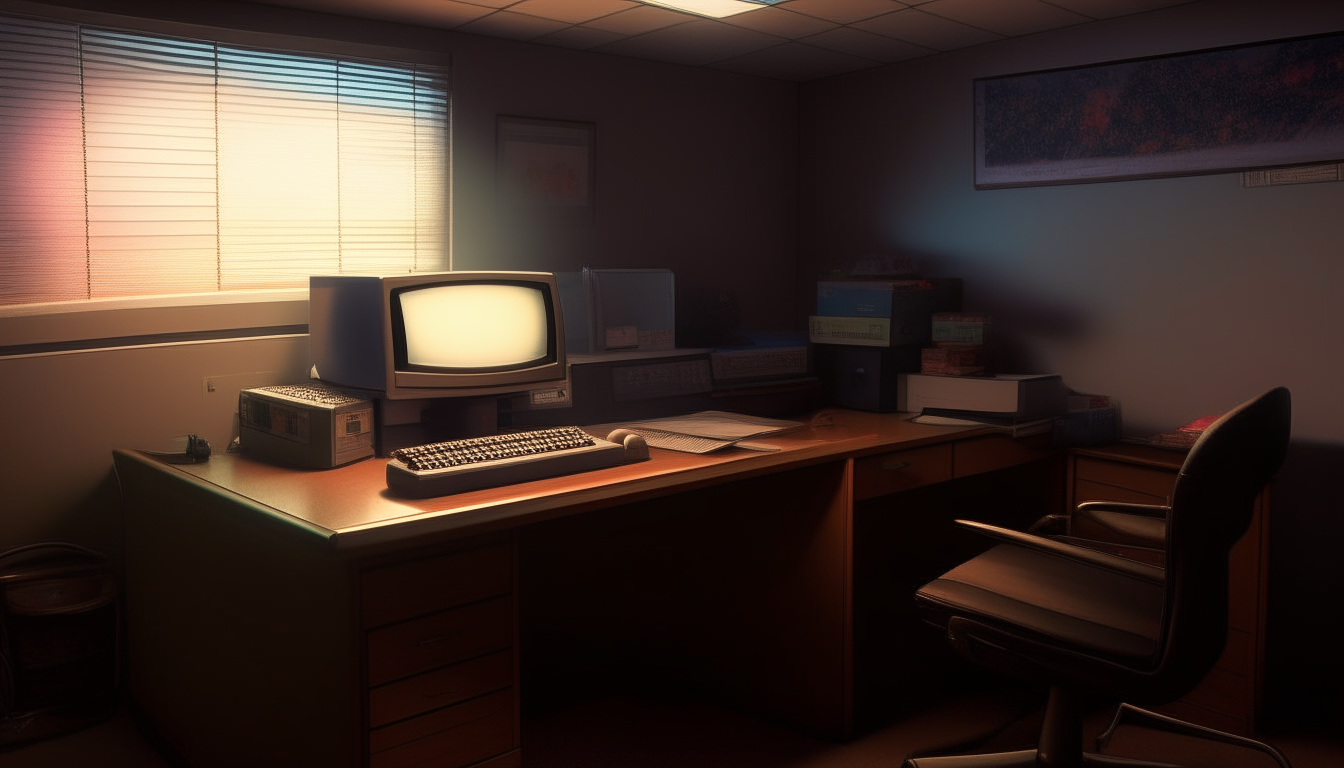 The same scene as the original image, but shot from a different angle to show more of the office room.