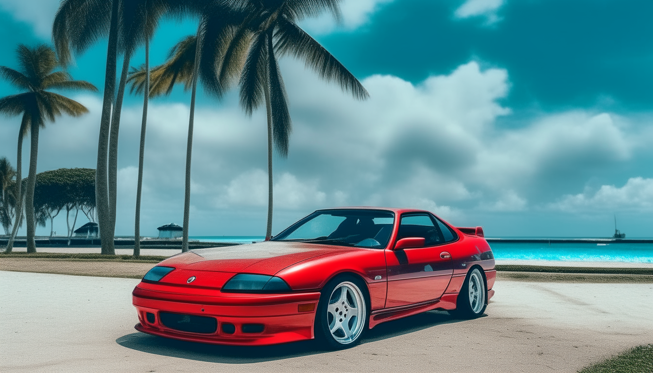 A red Toyota Celica Supra Mark II sports car parked on the beach under a tall coconut tree. Blue ocean water and sky in the background. The scene is in Miami Beach, Florida.