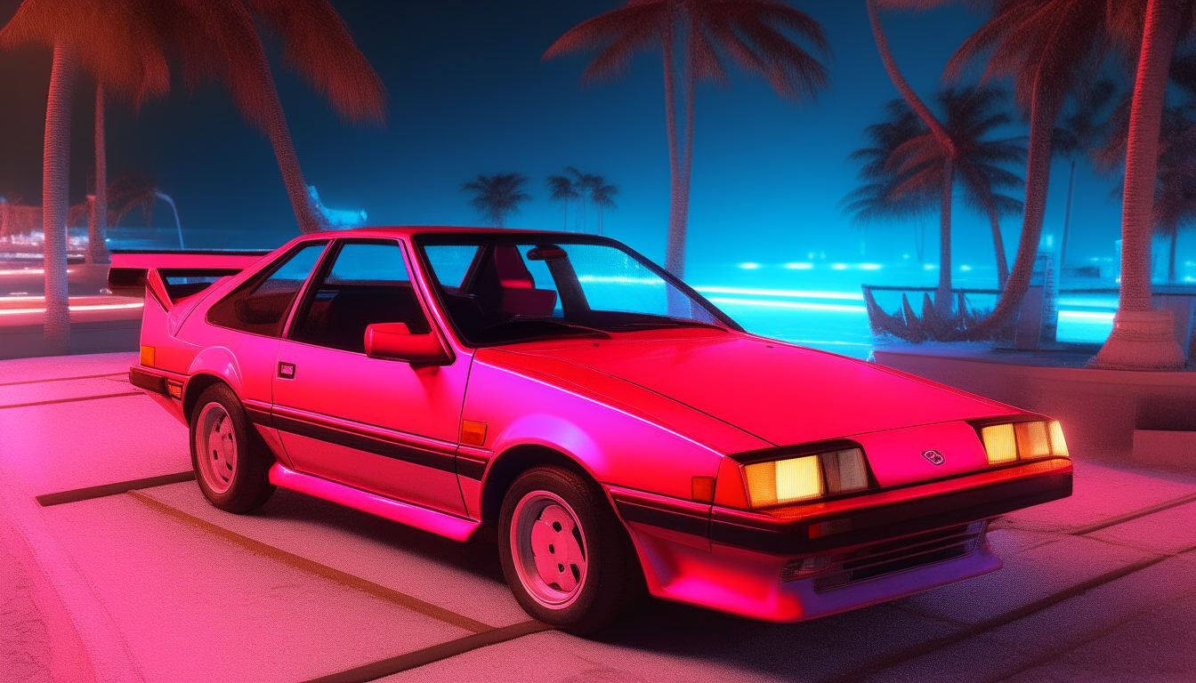 A red 1983 Toyota Celica Supra parked on a neon-lit Miami Beach boardwalk at night. Palm trees and the ocean water glow in shades of neon pink and blue in the background. The image is ultra-realistic and detailed at 8K resolution.
