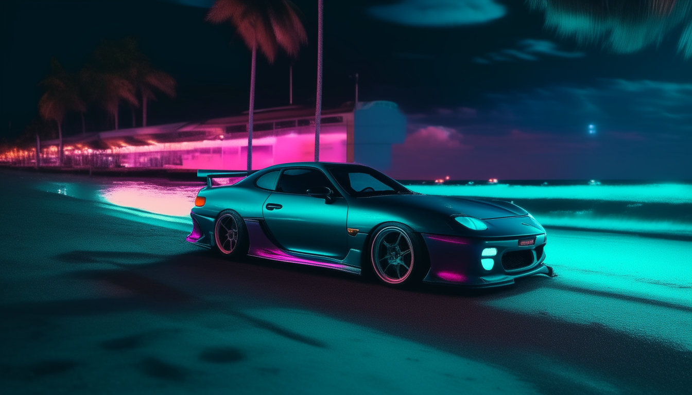 The same Supra parked on the beach, shot from the side to also show neon lights out over the ocean. Neon signs for local restaurants and bars illuminate the night sky. The level of detail captures the neon glow at true 8K quality.
