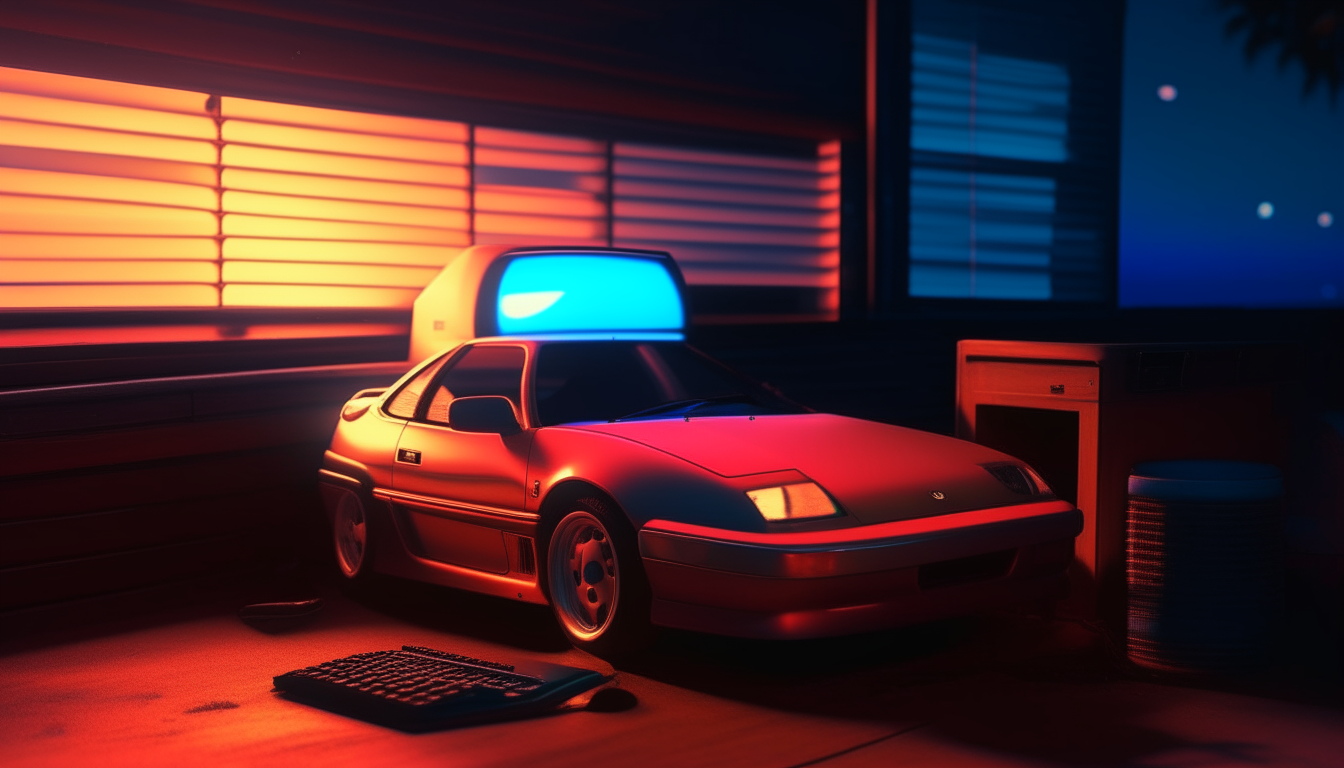 The same Supra parked on the beach, shot from the front at an angle like the original image. Neon signs glow in the background maintaining the style of the first image.
