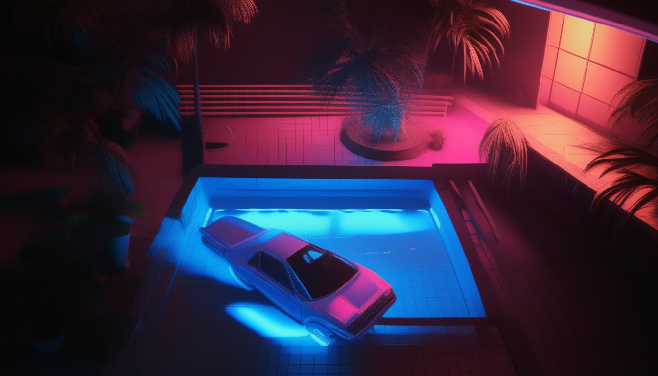 An overhead view of a 1980s swimming pool surrounded by palm trees at night. Blue and pink neon lights illuminate the water and deck area, maintaining the style of image-13.