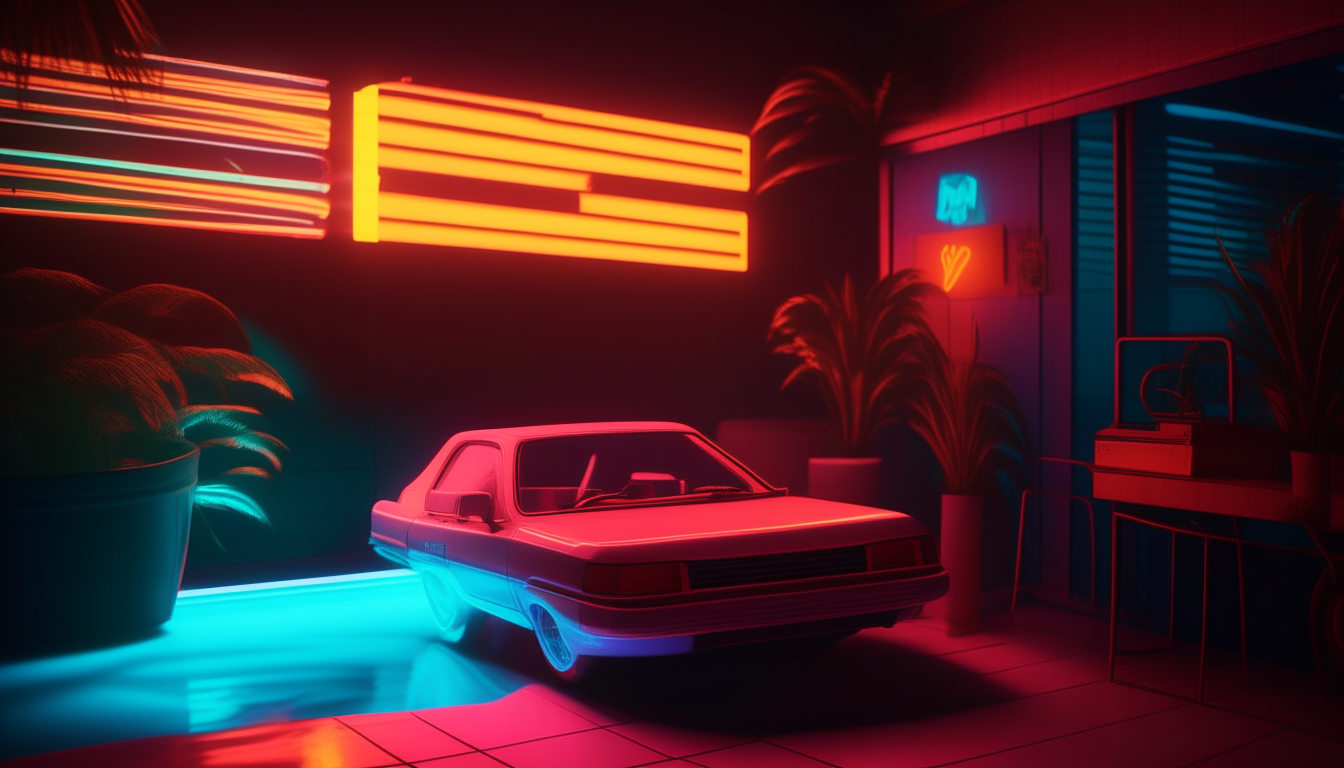 The 1980s pool is shown from the side, with lounge chairs and a tiki bar glowing under neon lights along one edge of the water. The neon color palette recreates the mood of image-13.