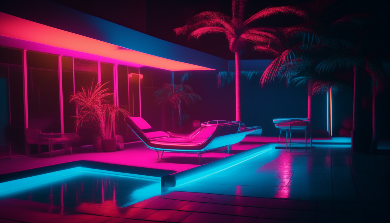 Another view of the 1980s pool area at night, with loungers and palm trees lit in shades of blue and pink neon that match the style of image-15.