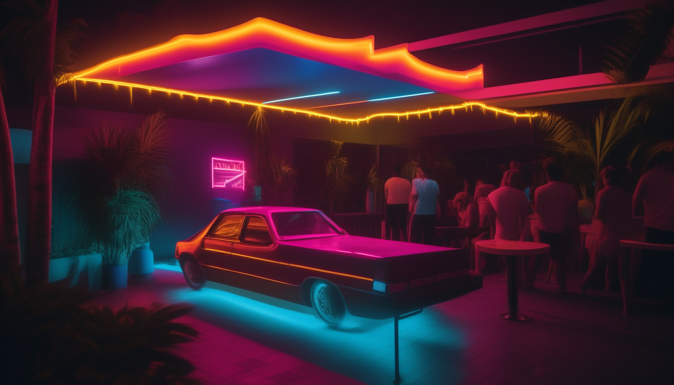 The pool is shown from across the deck, with partiers gathered around the tiki bar under neon lights that recreate the mood and colors of image-15.