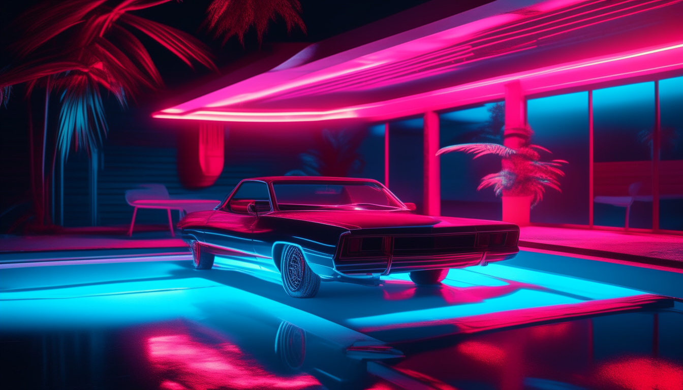 A red muscle car parked on the pool deck under strings of neon lights. Blue and pink neon glows off the car's finish, matching the colors and mood of image-16.