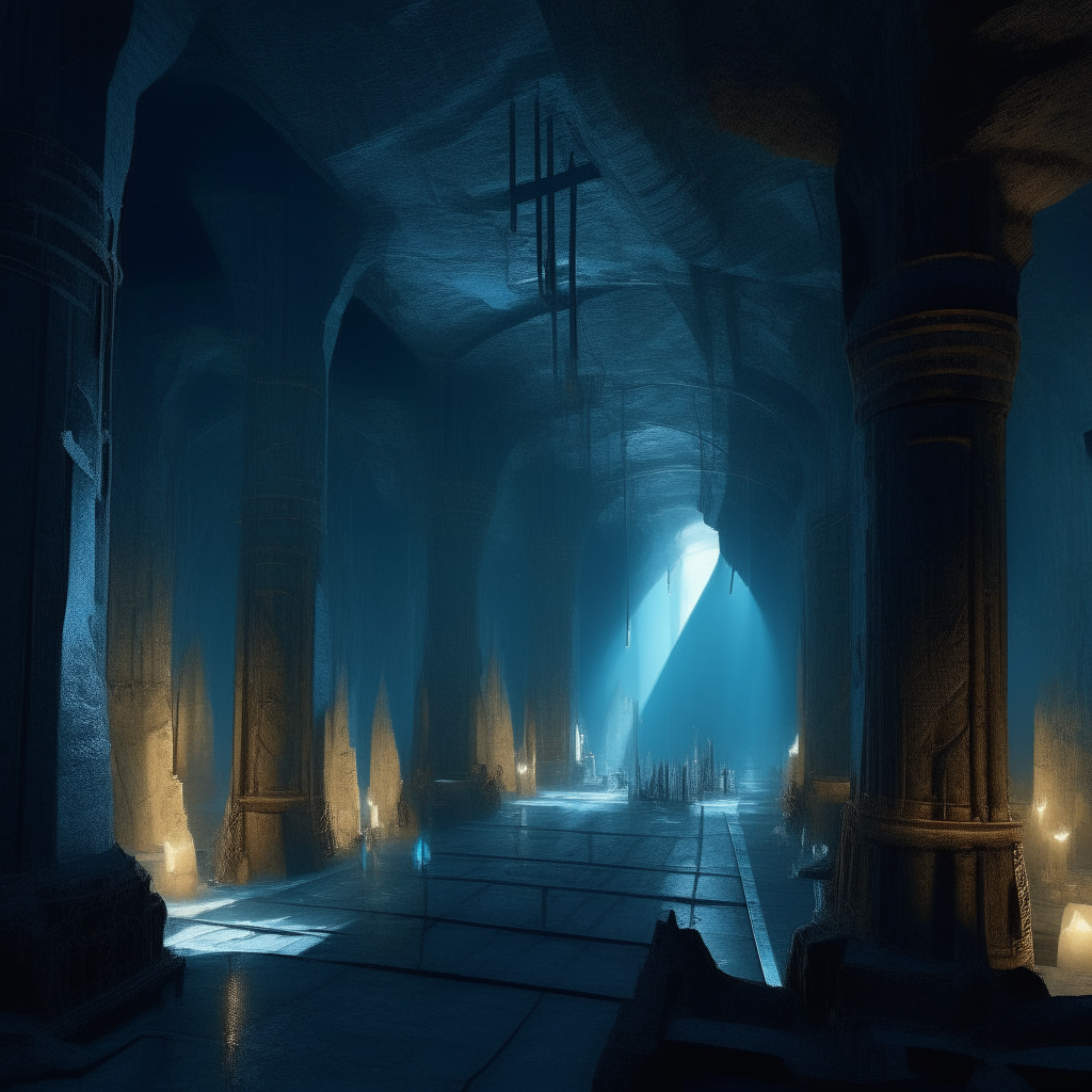 An immense underground cavern, with towering stone columns and arches stretching out of sight. Ancient machines and half-built constructs line rusting conveyor belts. Glowing runes cover the cavern walls, bathing the scene in an eerie blue light.