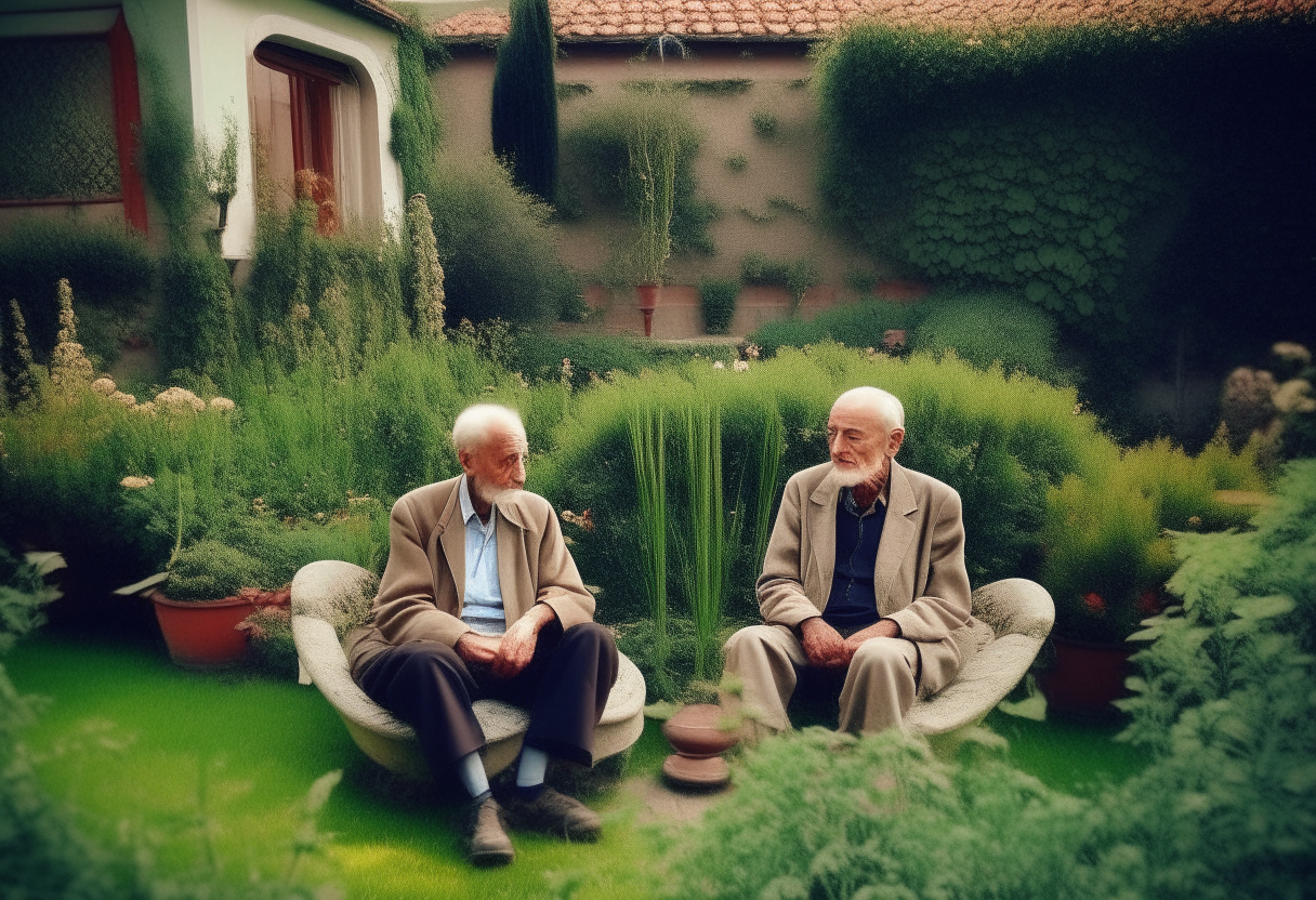 2 old men’s  in a garden of a lux house 
