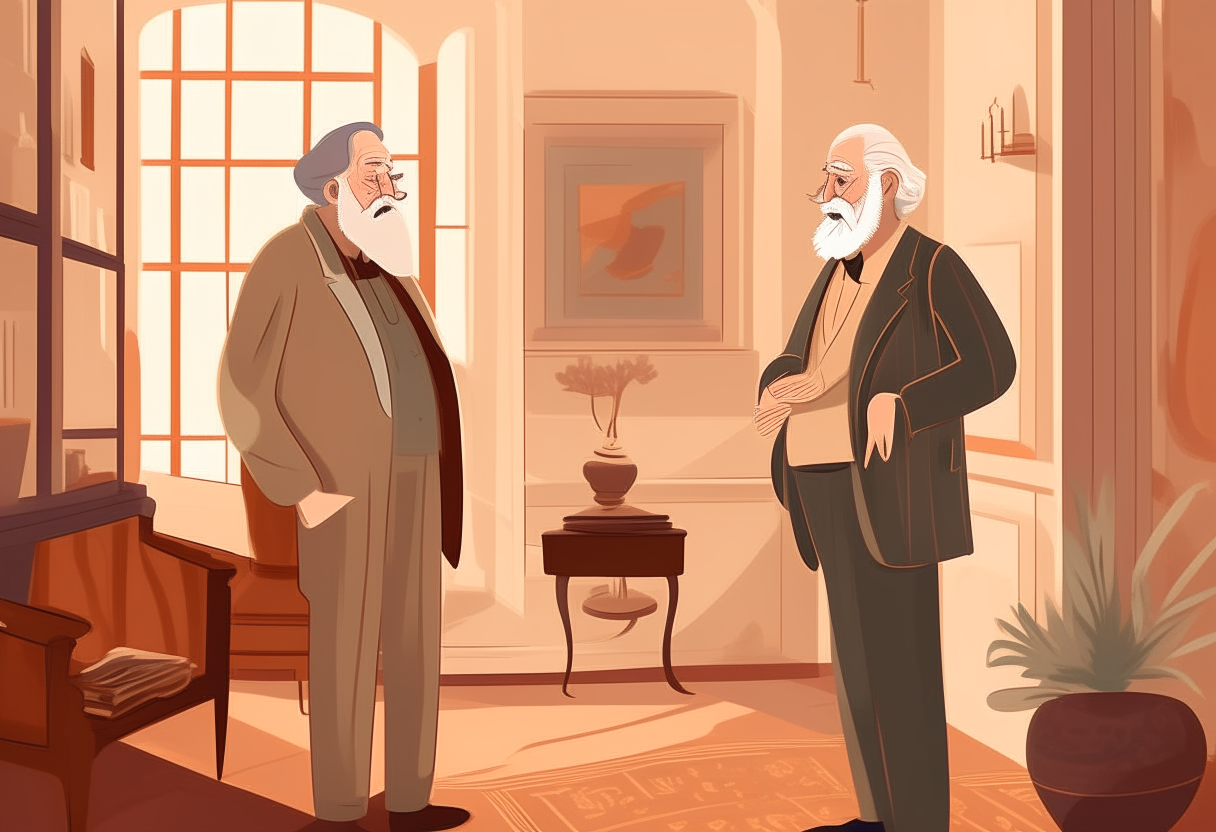 A  rich old man  talking with an poor man in a luxury house 
