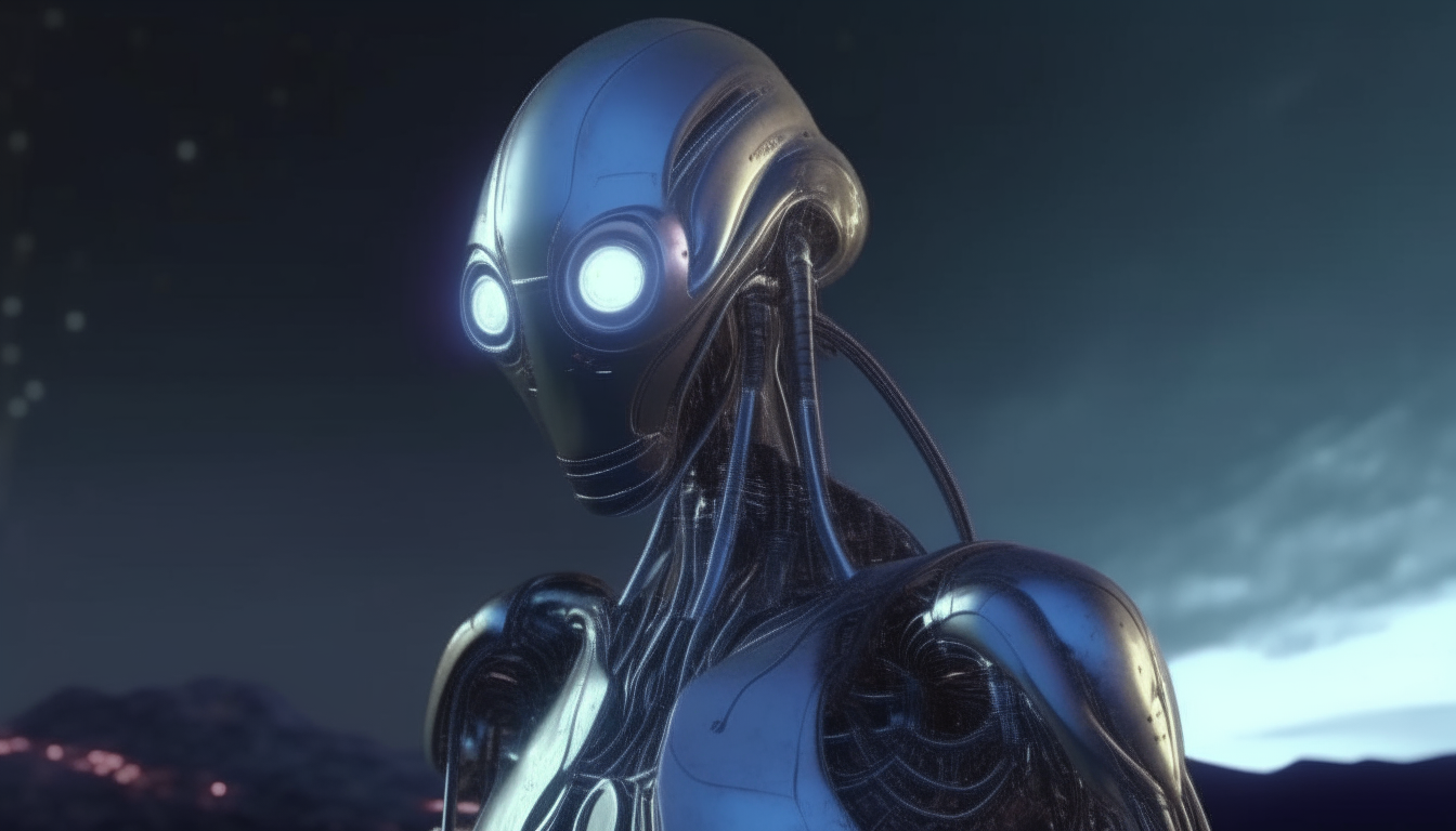 an alien robot with its laser beam eyes projecting lights into the night sky on the surface of the silver chrome biomechanical planet, intricate realistic details to a high level, 4k quality, dark sci-fi fantasy style