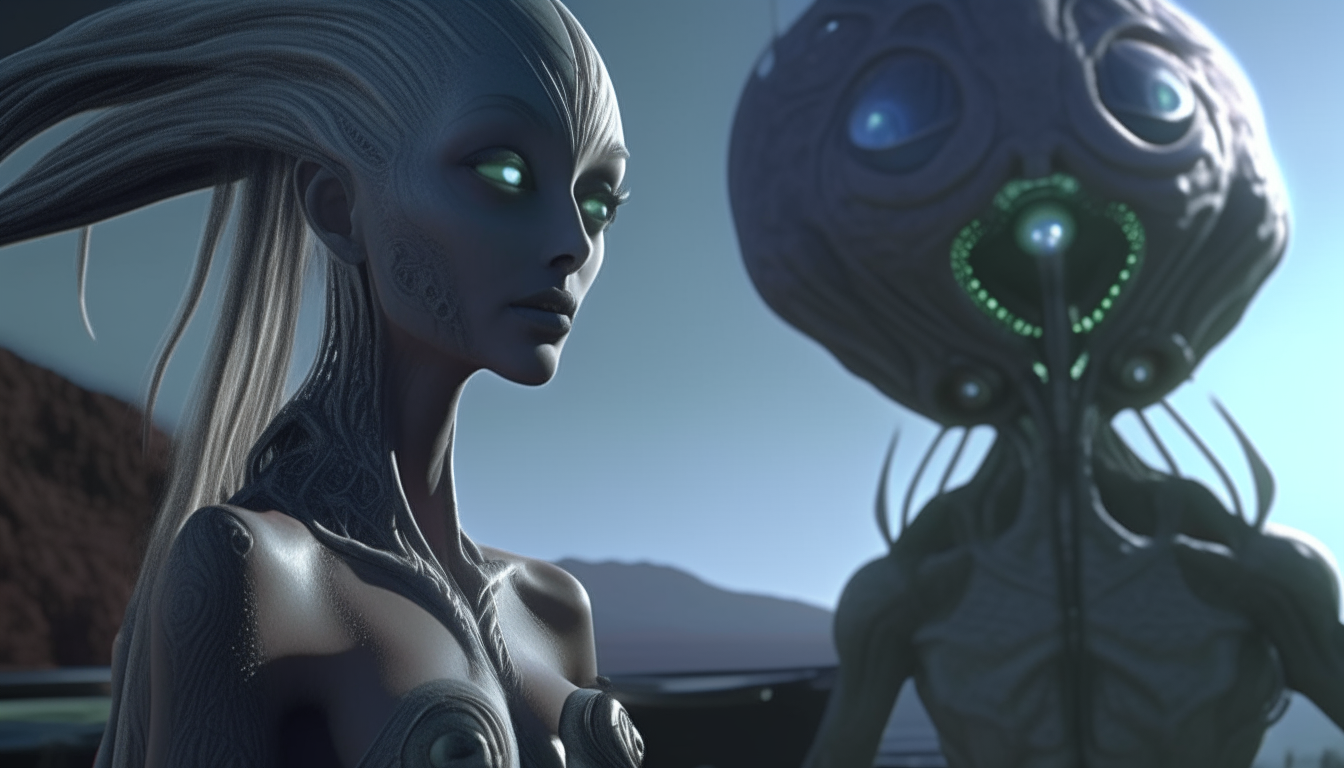 a beautiful Arcturian alien Goddess and an alien robot looking across the biomechanical living alien surface, with alien warcraft flying overhead, super enhanced realistic intricate details, 4k quality, dark sci-fi fantasy style, 16:9 aspect ratio