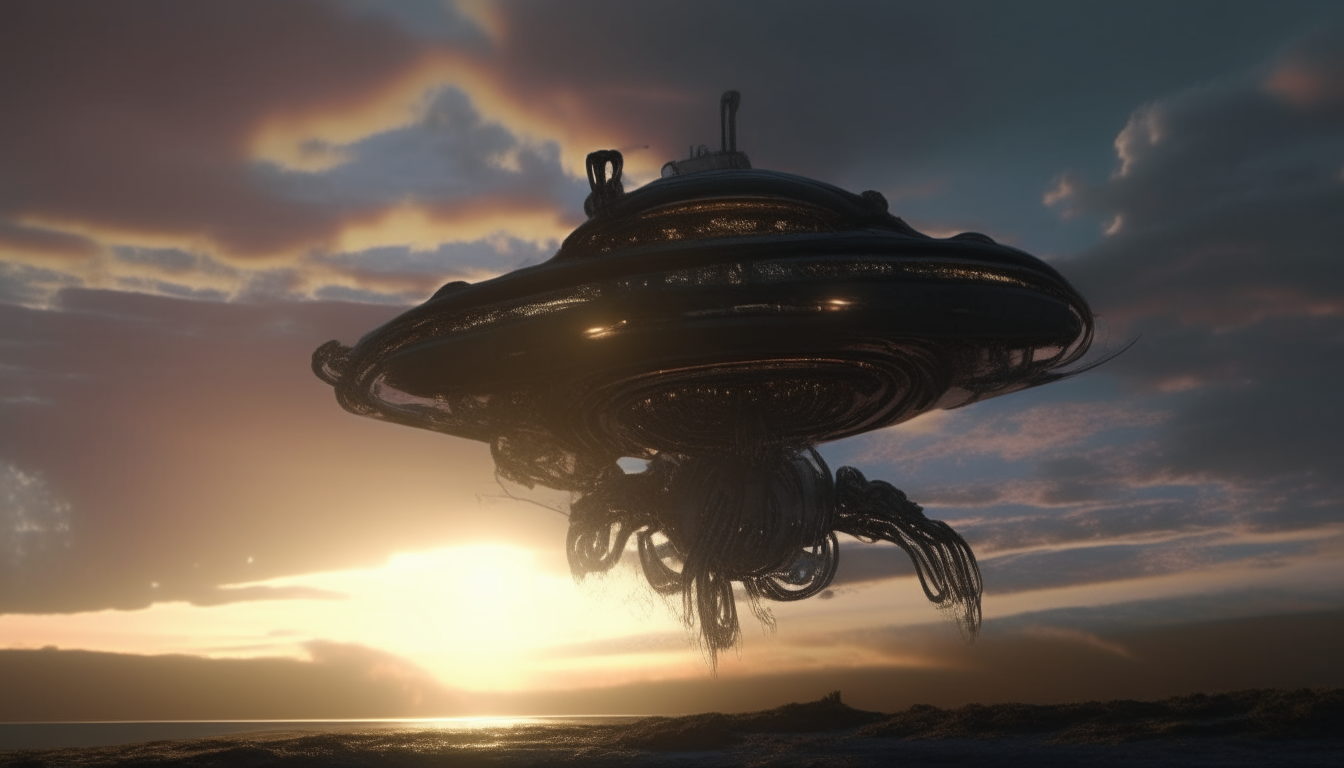 a biomechanical alien landscape with an alien warship landing on the surface, with clouds of steam coming from its landing gear, its lights flashing and reflecting on the silver chrome living alien surface, sun setting in the distance, super intricate details, 4k quality, dark sci-fi fantasy style, 16:9 aspect ratio