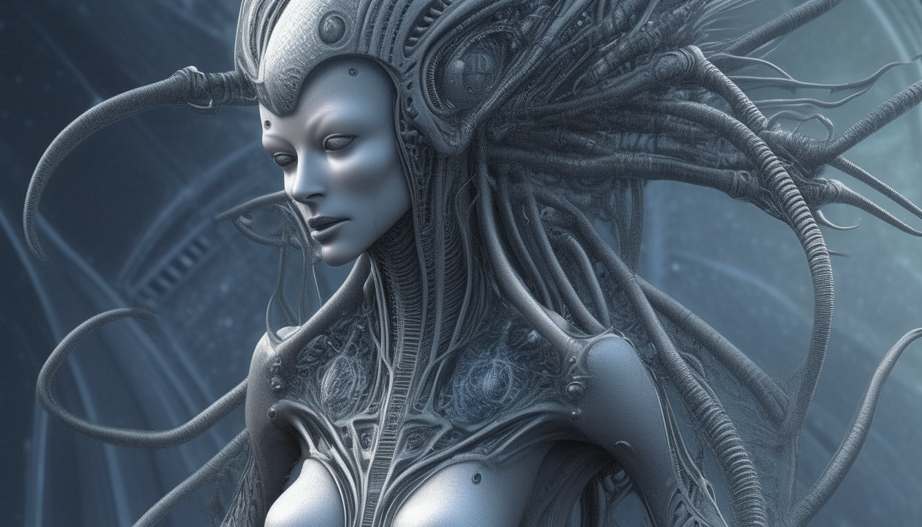 a beautiful Arcturian alien Goddess on the surface of the biomechanical alien planet with its silver chrome fleshy tentacles entwining around her with clear liquids dripping from the tentacles, super intricate details, 4k quality, dark sci-fi fantasy style, 16:9 aspect ratio, H R Giger colors