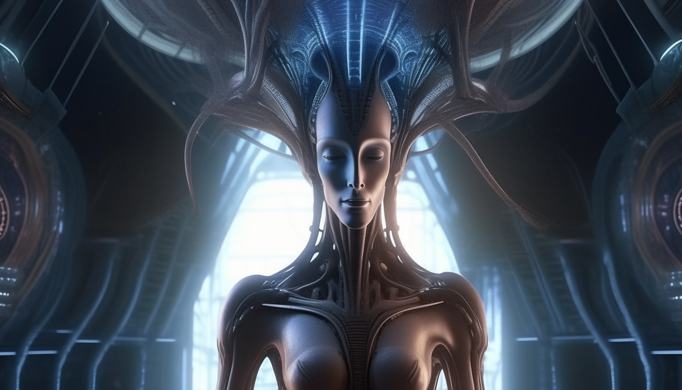 a beautiful Arcturian alien Goddess inside an alien biomechanical living temple, with strange lights illuminating areas of the temple, incense smoke comes from glass burner tubes, filling the atmosphere with its exotic mind altering fumes, super intricate details, 4k quality, H R Giger colors, dark sci-fi fantasy style, 16:9 aspect ratio
