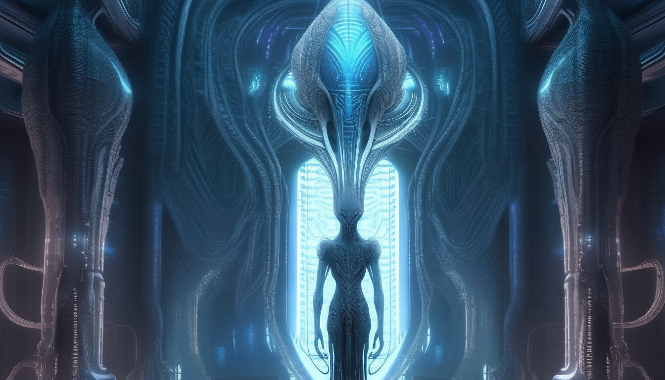 An alien biomechanical temple with living alien walls dripping wet, the beautiful Arcturian alien Goddess stands in the center of the temple, her glowing aura illuminating the gloomy temple, intricate details, 4K quality, H R Giger colors, dark sci-fi fantasy style