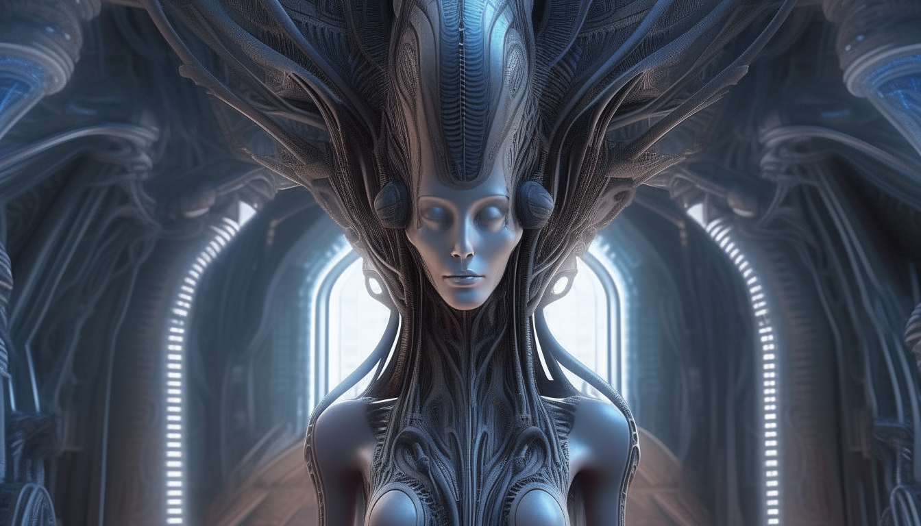 The beautiful Arcturian alien Goddess inside the living biomechanical alien temple, with alien body parts and limbs emerging from the temple walls, mind altering incense smoke drifts around the temple, making the Goddess see visions deep from within her mind, intricate details, 4K quality, H R Giger colors, dark sci-fi fantasy style