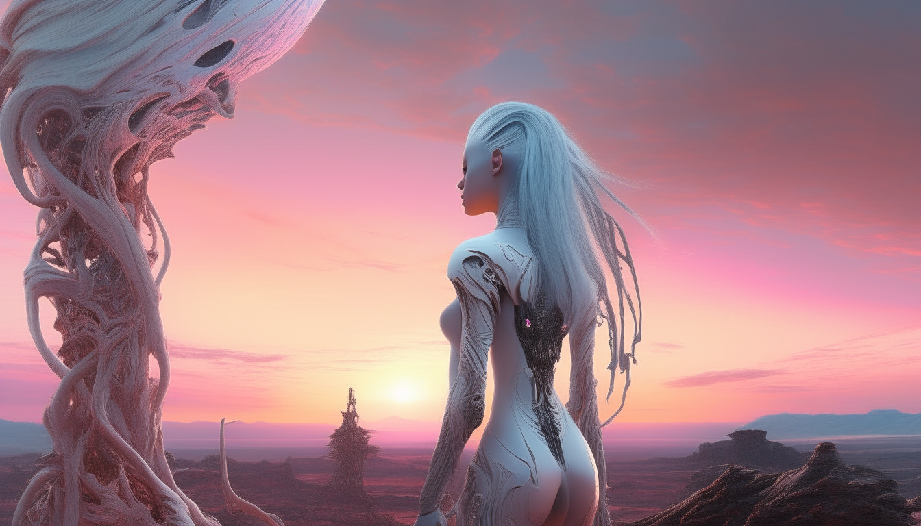 A beautiful alien goddess with pale blue skin and long flowing white hair looking across a biomechanical alien landscape at sunset, with alien limbs emerging from the ground beneath her, a beautiful sunset in the distance with little fluffy pink clouds, highly detailed digital painting, 4k resolution, HR Giger color palette, dark sci-fi fantasy style, 16:9 aspect ratio