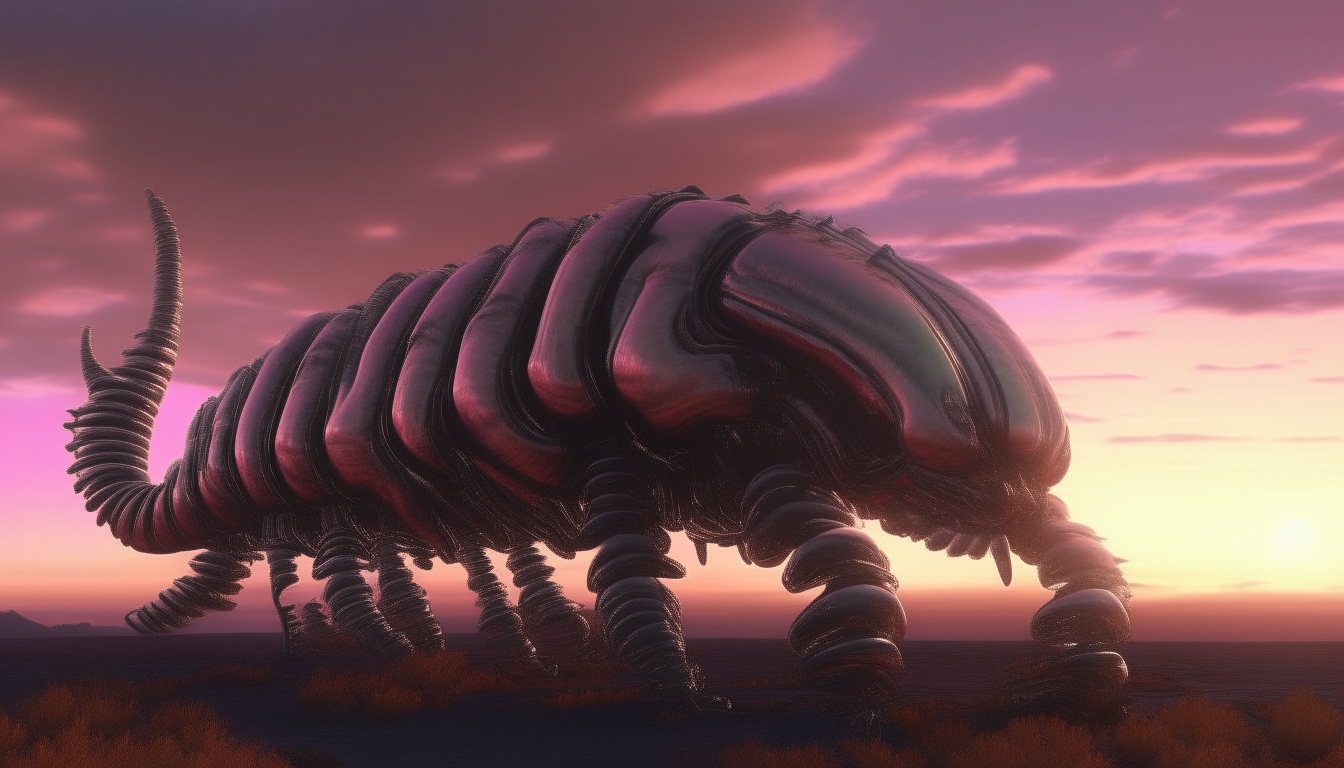 A giant alien silver chrome biomechanical caterpillar walking across the surface of an alien planet at sunset, with little fluffy pink clouds drifting across the sunset sky, highly detailed digital painting, 4K resolution, HR Giger color palette, dark sci-fi fantasy style, 16:9 aspect ratio