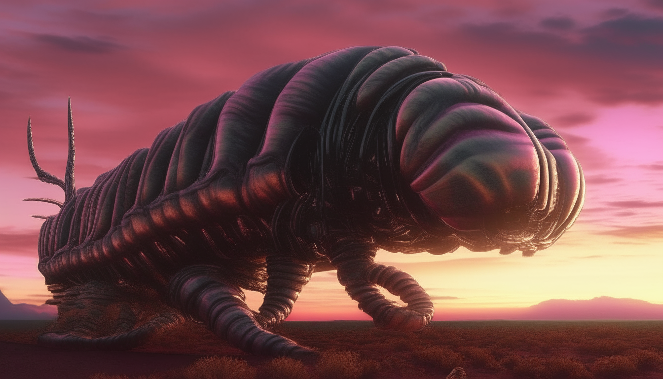 A giant alien silver chrome biomechanical caterpillar morphing with an alien being on the surface of an alien planet at sunset, with little fluffy pink clouds in the sky, highly detailed digital painting, 4K resolution, HR Giger color palette, dark sci-fi fantasy style, 16:9 aspect ratio