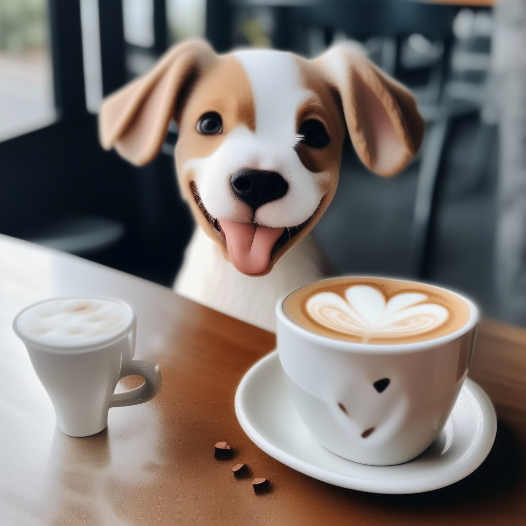 a happy puppy drinking a latte with heart-shaped foam art in a cup on a table