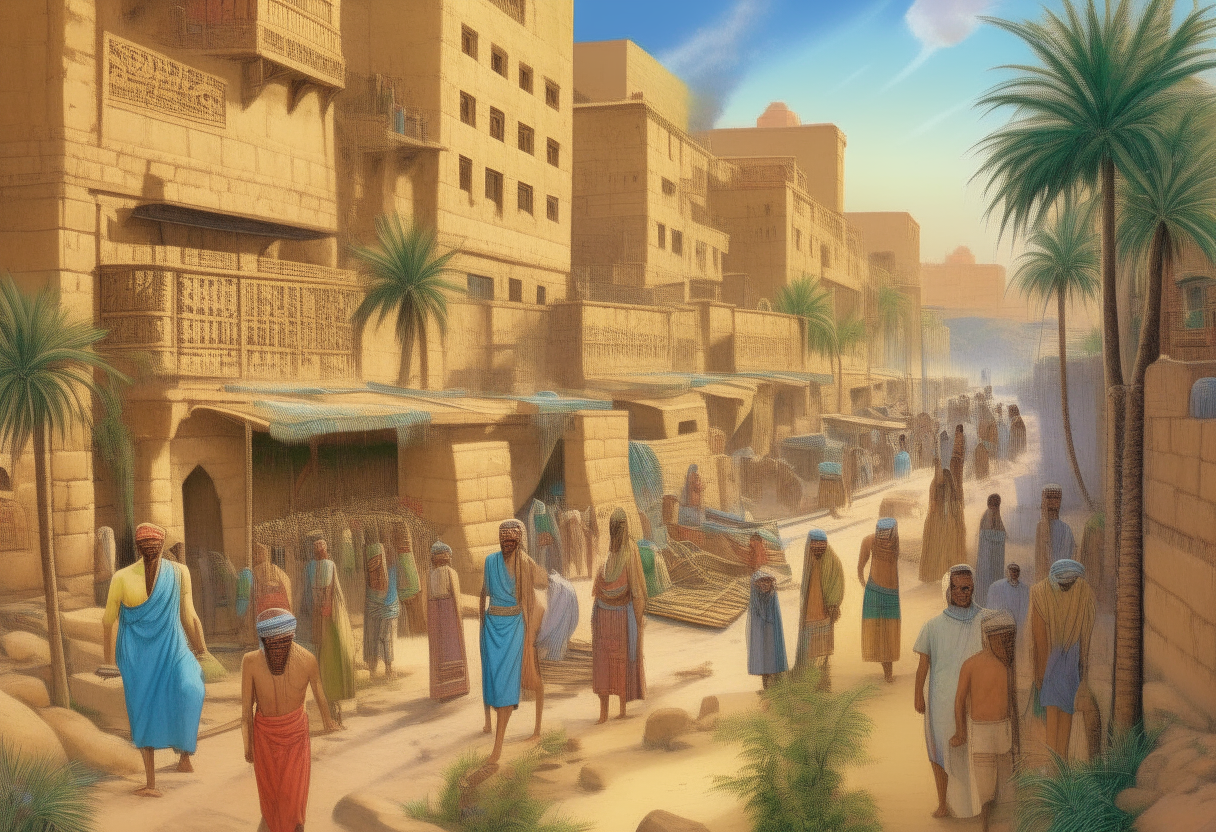 A bustling ancient Egyptian city along the Nile River, filled with mudbrick buildings, palm trees, and people in colorful linen clothing going about their daily lives