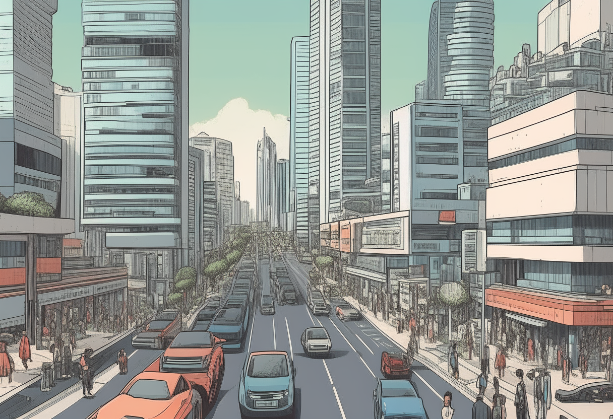 The same cityscape with modern high-rise buildings, cars, and people in contemporary clothing