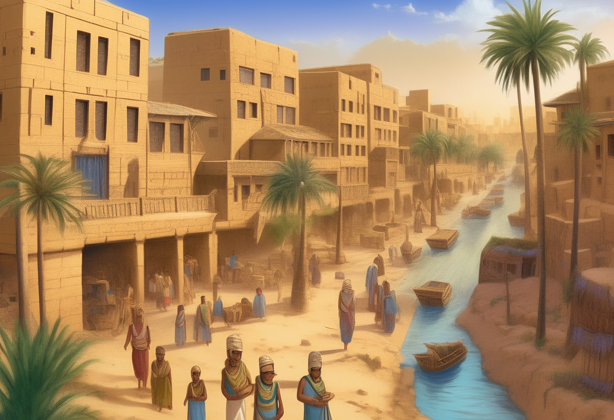 An ancient Egyptian city along the Nile River, filled with mudbrick buildings, palm trees, and people in colorful linen clothing going about their daily lives