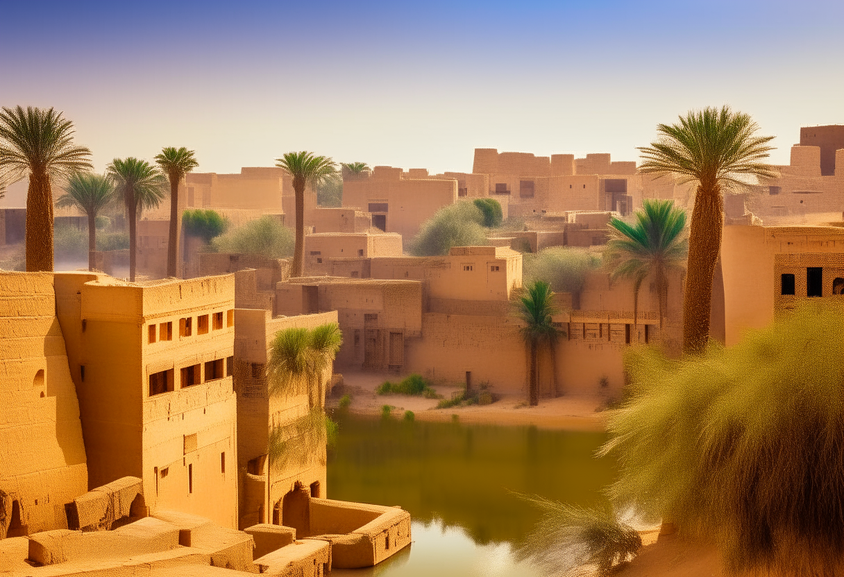 An ancient Egyptian city along the Nile River, with mudbrick buildings, palm trees and people in colorful linen