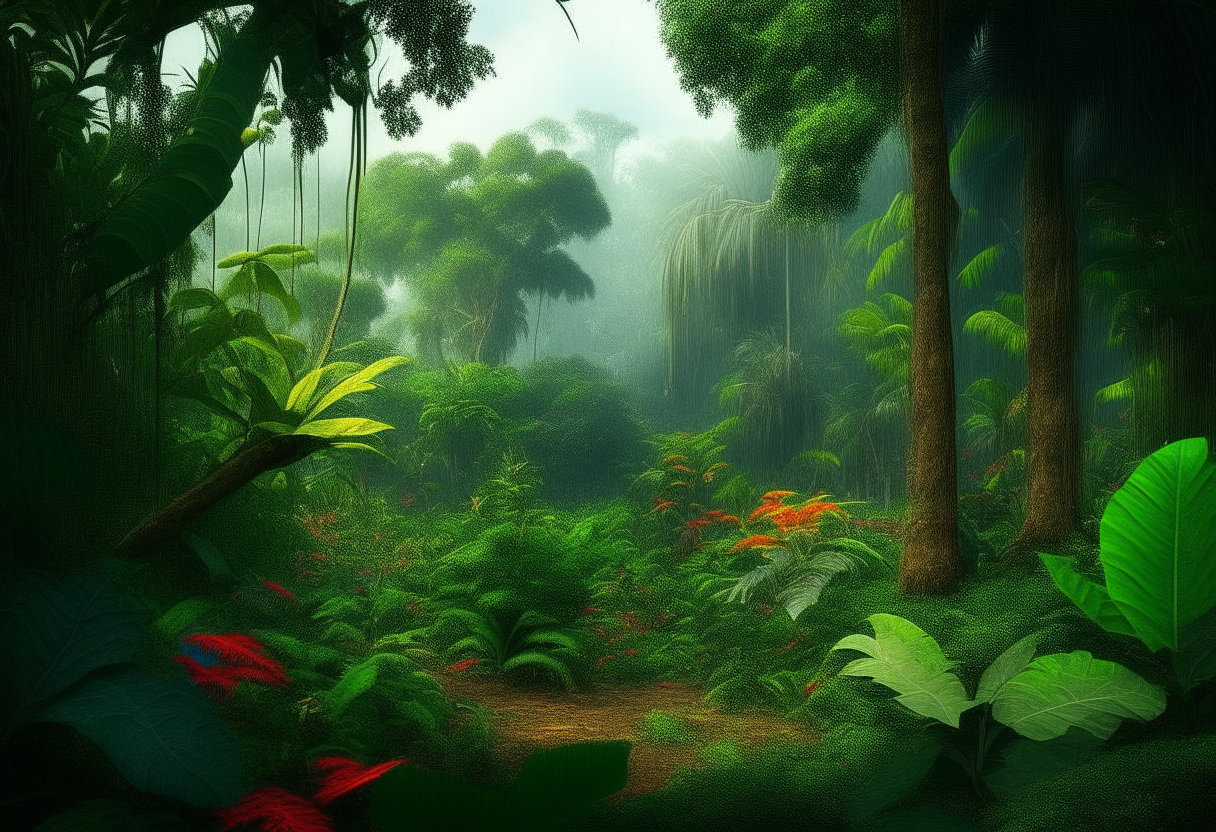 A dense tropical rainforest scene in the Amazon jungle, with towering trees, vines, brightly colored plants and wildlife