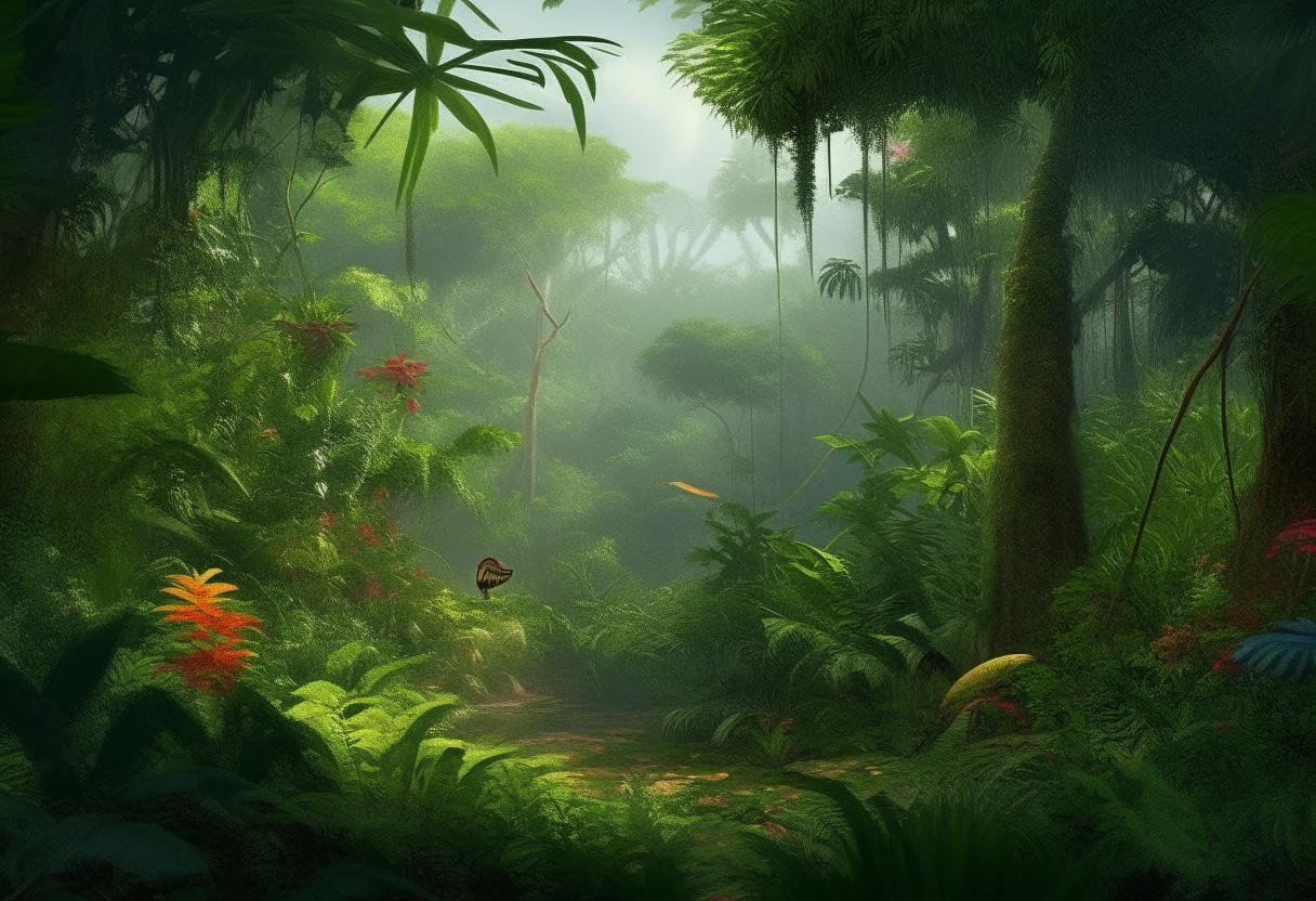 A dense tropical rainforest scene deep in the Amazon jungle, with towering trees, vines, brightly colored plants and wildlife