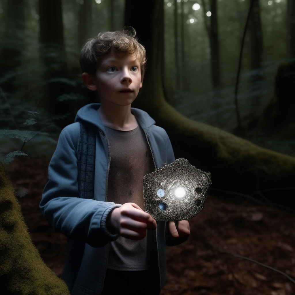 A boy is standing in a forest holding an unusual metallic object he found. It has strange lights and buttons and doesn't look like anything from Earth.