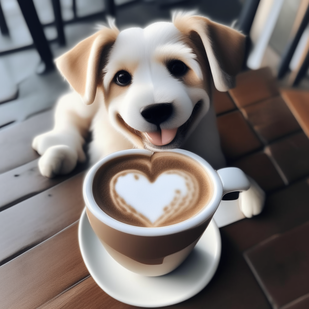 a happy puppy drinking a latte with heart-shaped foam art