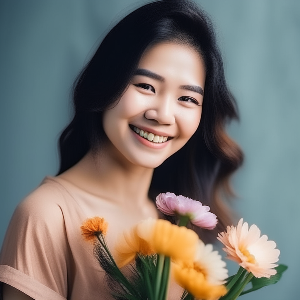 beautiful Asian woman holding flowers and smiling.