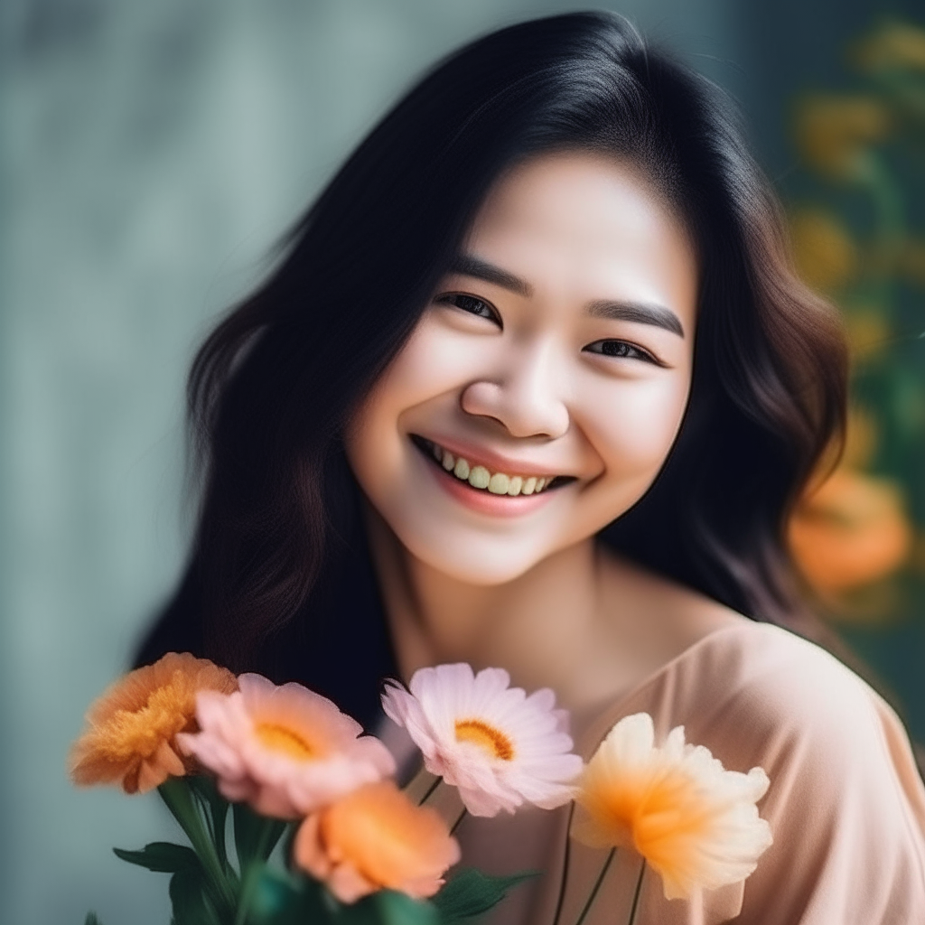 beautiful Asian woman holding flowers and smiling.