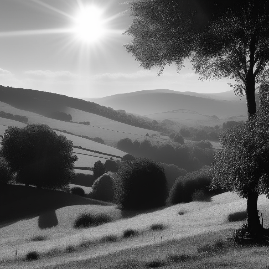 beautiful Black and white image of a summer's day, with trees and hills, sun shining over the trees.
