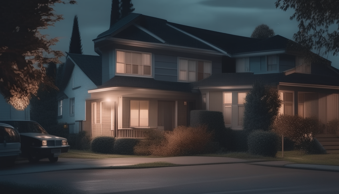 view of a house on a quiet street in a suburban neighborhood, in the style of twilight zone