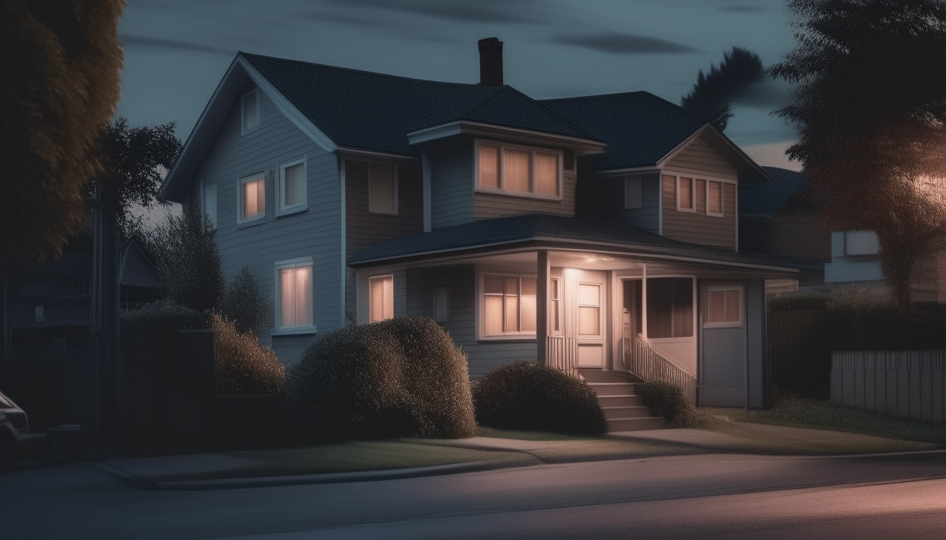 view of a house on a quiet street in a suburban neighborhood, in the style of twilight zone