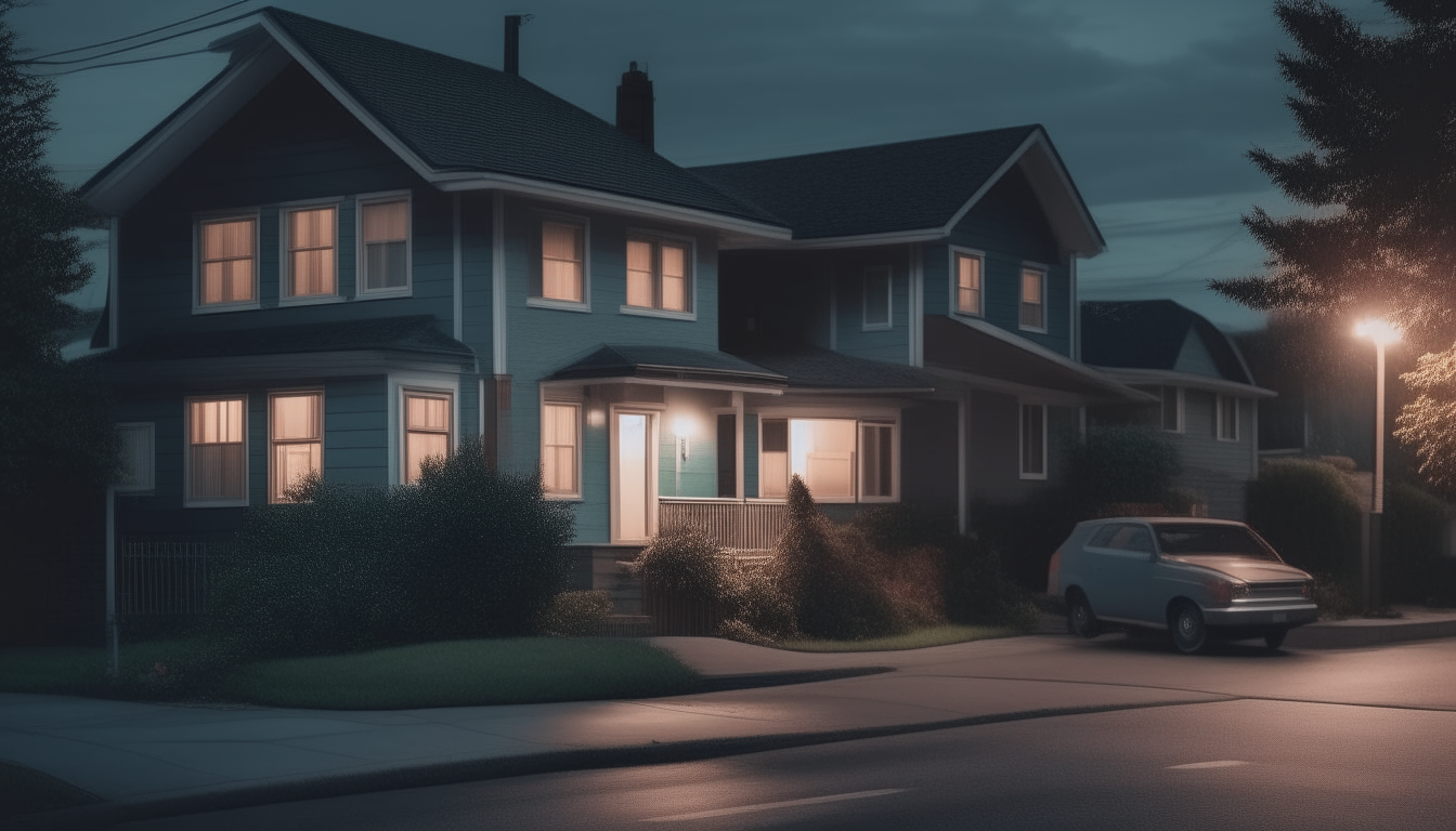 view of a house on a quiet street in a suburban neighborhood, in the style of twilight zone