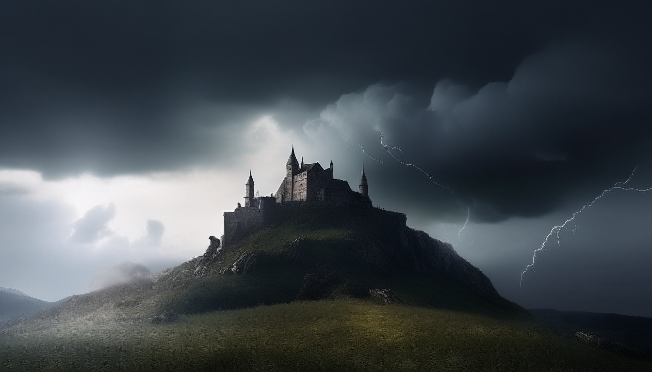 Dark evil castle sitting on top of a hill, dark clouds above it, shooting down lightning from the clouds, cinematic, photo-realistic, aspect ratio 16:9