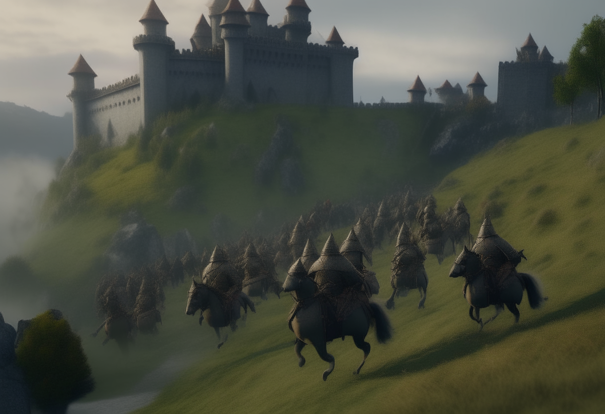 An Orc army racing to the castle on the hill, cinematic, AR 16:9