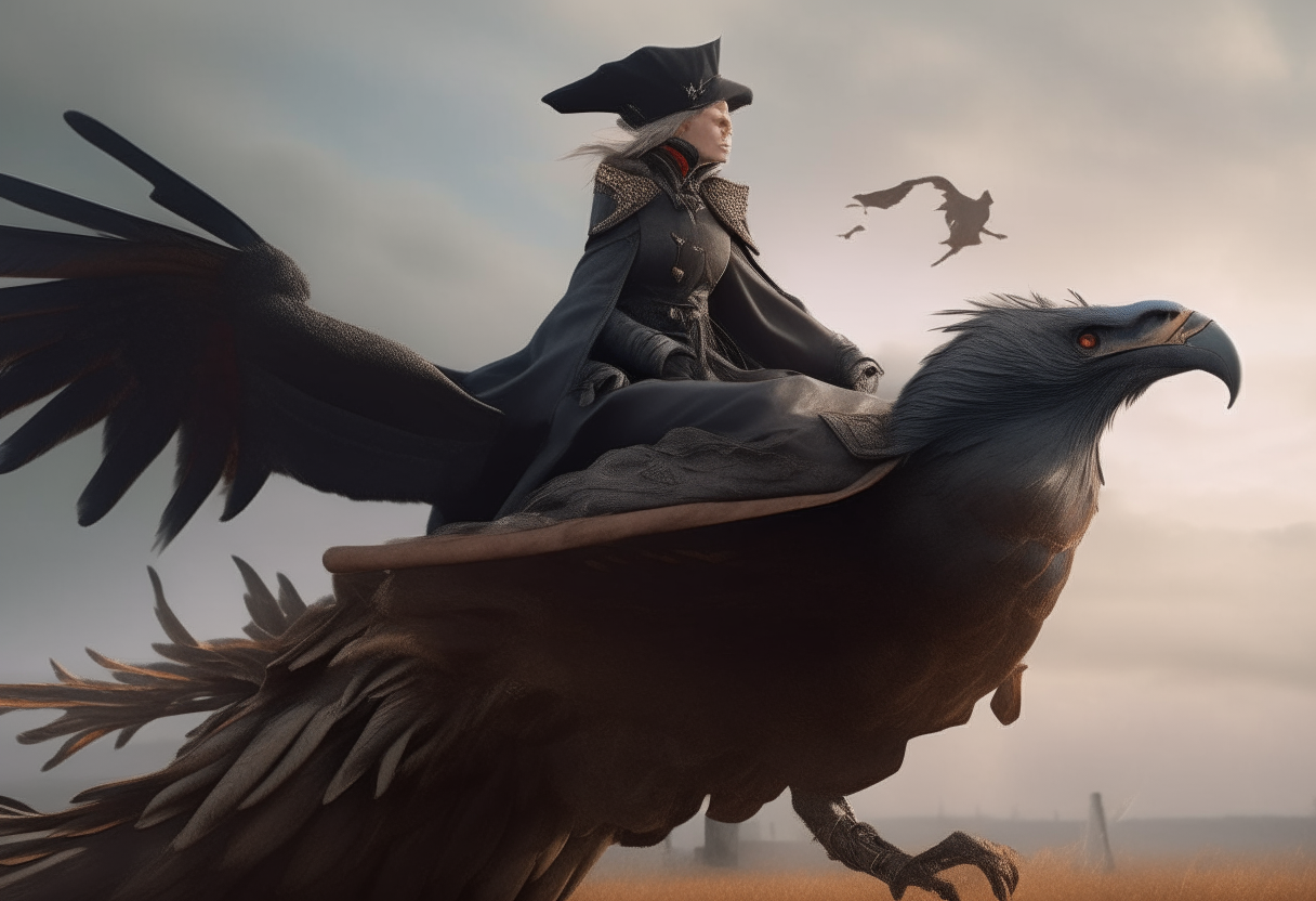 an evil witch flying over the battlefield sitting on the back of her large Vulcan bird, intricate detail, cinematic, AR 16:9, photo-realistic.