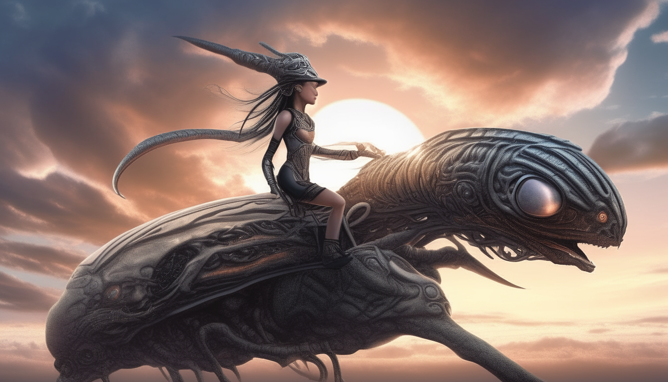 The beautiful Arcturian alien Goddess riding on the back of the giant alien biomechanical silver chrome catapiller, moving across the alien landscape, little fluffy clouds in the sunsetting sky in the distance, super intricate details, dark sci-fi fantasy style