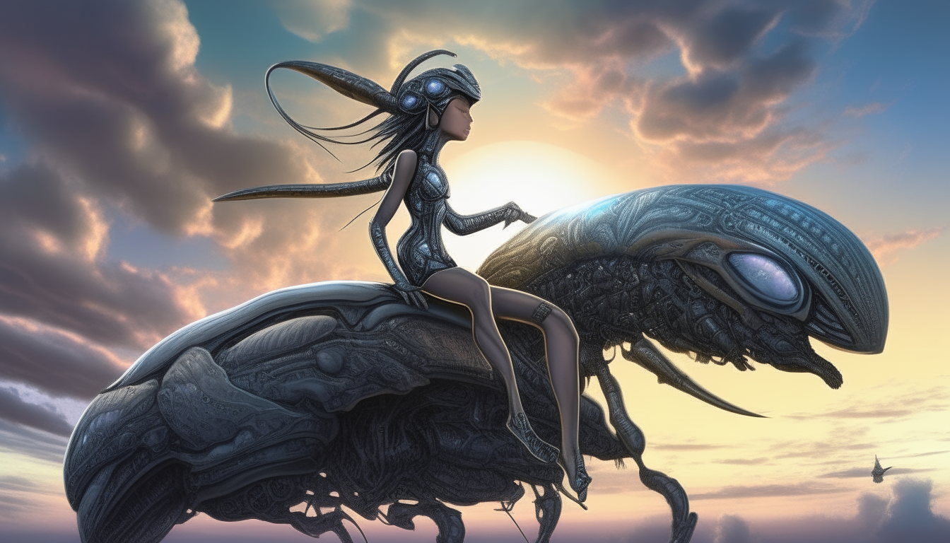 The beautiful alien Goddess with an elongated head, large eyes, blue skin, and pointed ears, riding on the back of the giant alien biomechanical silver chrome catapiller, moving across the alien landscape, little fluffy clouds in the sunsetting sky in the distance, super intricate details, dark sci-fi fantasy style