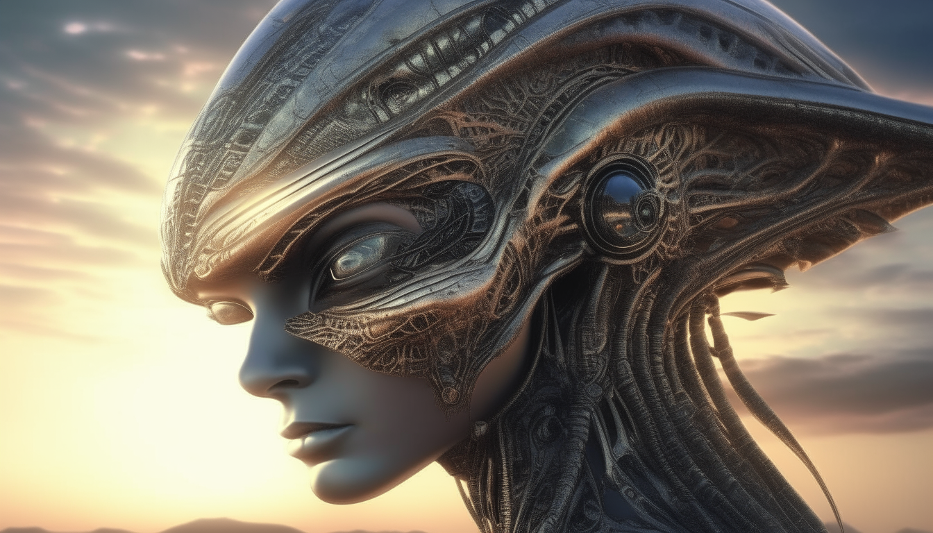 The beautiful Arcturian alien Goddess looking into the eye of the giant alien biomechanical silver chrome caterpillar, with the sunset in the distance across the alien landscape, super intricate details, 4K quality, H R Giger color palette, dark sci-fi fantasy style