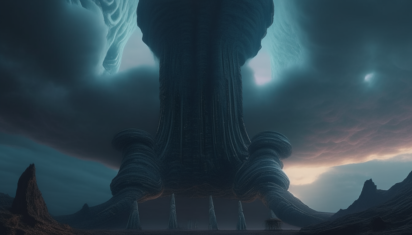 An alien landscape stretching into the distance, with a huge alien temple with power beams reaching through the clouds above into the cosmos, super intricate details, 4K quality, H R Giger colors, dark sci-fi fantasy style