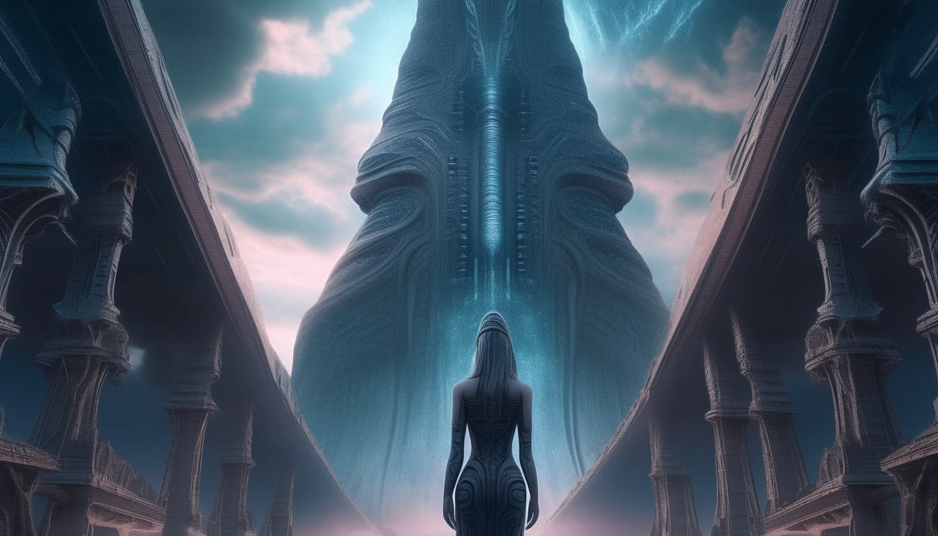 The beautiful Arcturian alien Goddess standing outside a huge alien temple with power beams reaching through the clouds above into the cosmos across an alien landscape stretching into the distance, super intricate details, 4K quality, H R Giger colors, dark sci-fi fantasy style